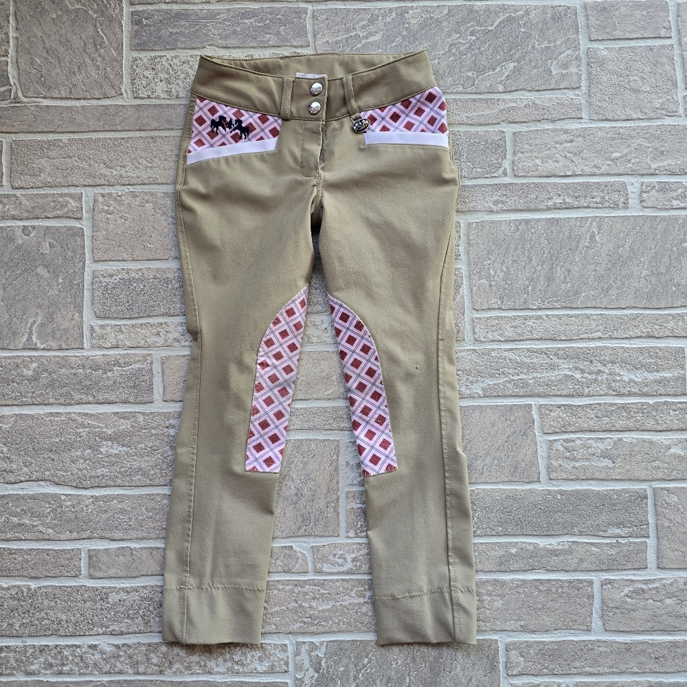 Equine Couture Girls Size 6 Breeches. Euro Seat with fun Knee Patches.